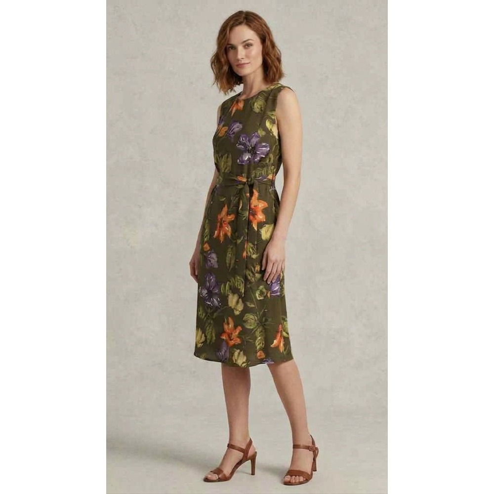 LRL Ralph Lauren Floral Belted Crepe Dress Womens 12 Green Midi Spring NEW NWT
